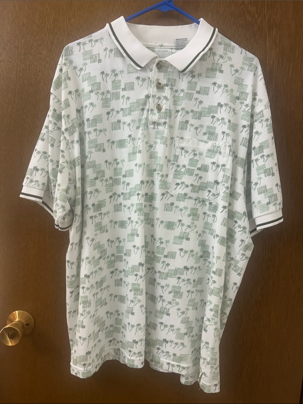 White Polo Shirt with Sage Palm Print
